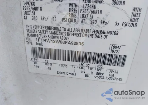 2008 Ford F-150 60Th Anniversary/Fx2/Xl/Xlt z USA, uszkodzony, nr VIN 1FTRW12W68FA92835